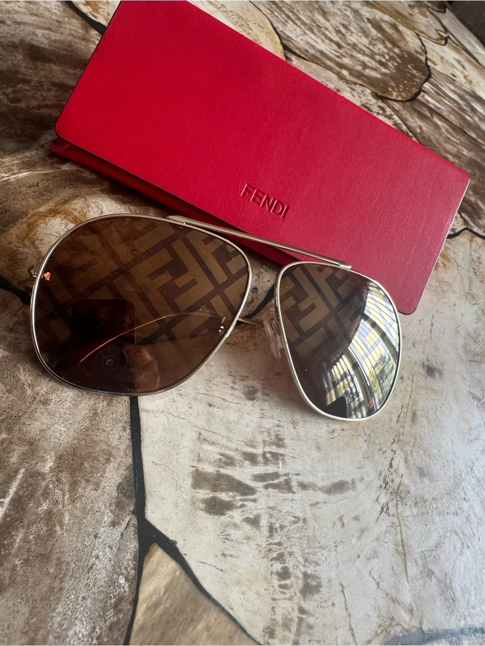 Fendi Gold Frame Aviator Sunglasses with Brown Lenses and Red Case
